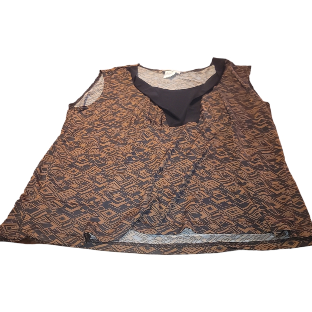 CARDUCCI brown tan black geometric squares sleeveless plus size tank top 1x shrt